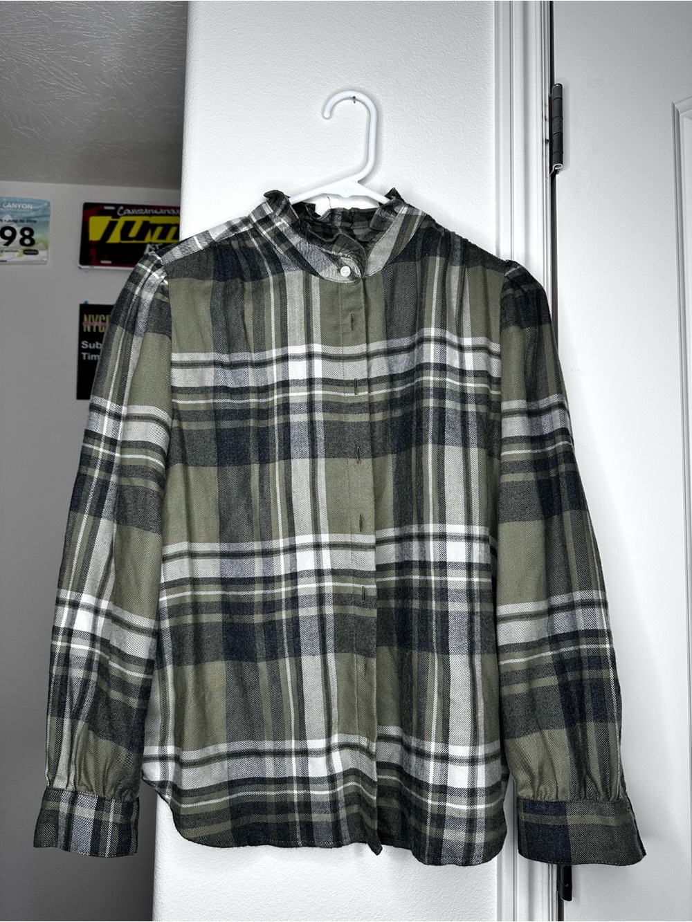 Ann Taylor Olive and Grey/White Plaid Button-Up Top